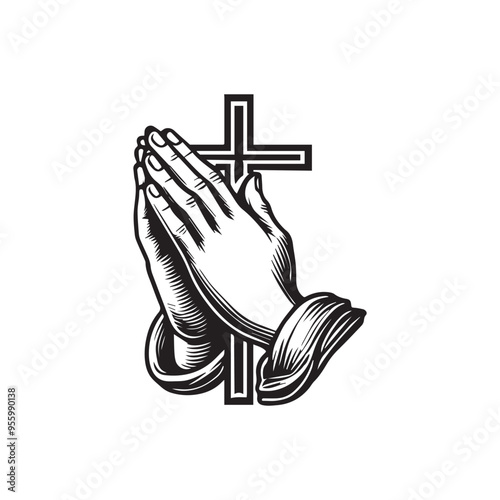 Detailed Praying Hands Illustration - Black and White Vector Clipart