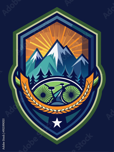 Mountain Biking Emblem with Sunrise and Wheat