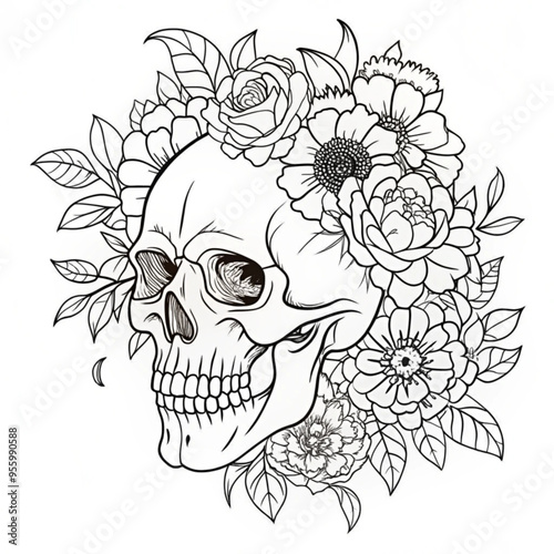 Intricate Skull and Floral Design for Coloring Books and Print-on-Demand T-Shirts