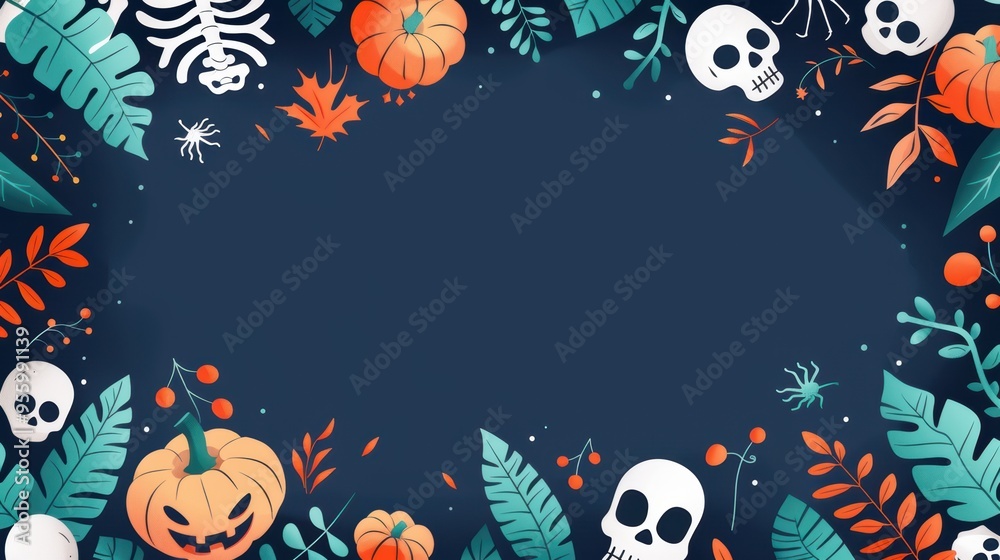 Halloween-Themed Background with Pumpkins, Skulls, and Autumn Leaves on Dark Blue Halloween-Themed Background with Pumpkins, Skulls, and Autumn Leaves on Dark Blue