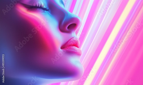 A woman's face is shown in a neon pink background. The image has a futuristic and vibrant feel to it, with the pink and neon colors creating a sense of energy and excitement