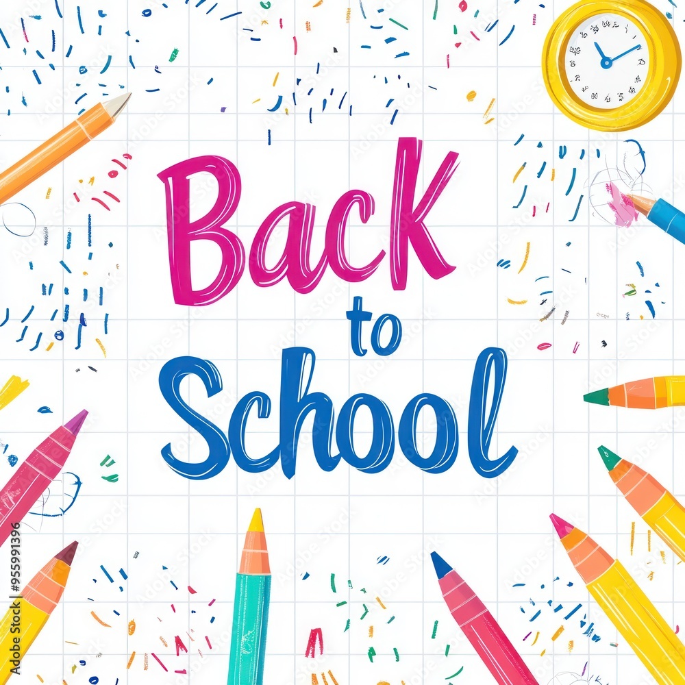 Back to School Illustration with Colorful Pencils and Clock Back to School Illustration with Colorful Pencils and Clock