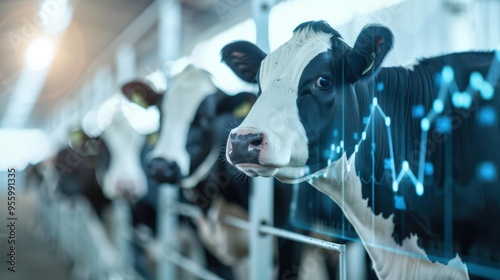 Modern Dairy Farm with Cows and Digital Data Overlay Representing Agricultural Technology and Livestock Management photo
