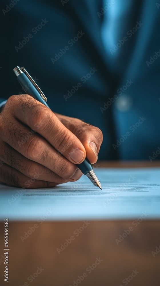 Close-up of hands holding a contract, with a pen ready to sign, representing financial agreements and legal documentation Close-up of hands holding a contract, with a pen ready to sign, representing financial agreements and legal documentation