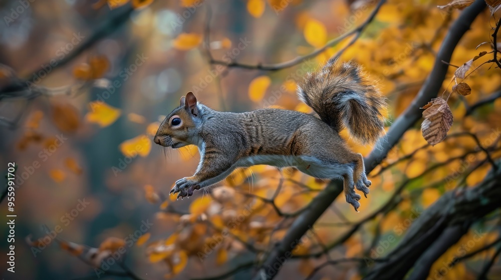 A playful squirrel leaps gracefully between branches in a vibrant autumn forest, showcasing the raw beauty of nature