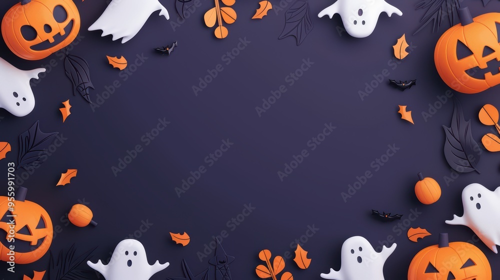 Halloween Background with Pumpkins, Ghosts, and Autumn Leaves on Dark Purple Background Halloween Background with Pumpkins, Ghosts, and Autumn Leaves on Dark Purple Background