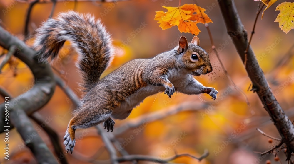 A playful squirrel leaps gracefully between branches in a vibrant autumn forest, showcasing the raw beauty of nature A playful squirrel leaps gracefully between branches in a vibrant autumn forest, showcasing the raw beauty of nature