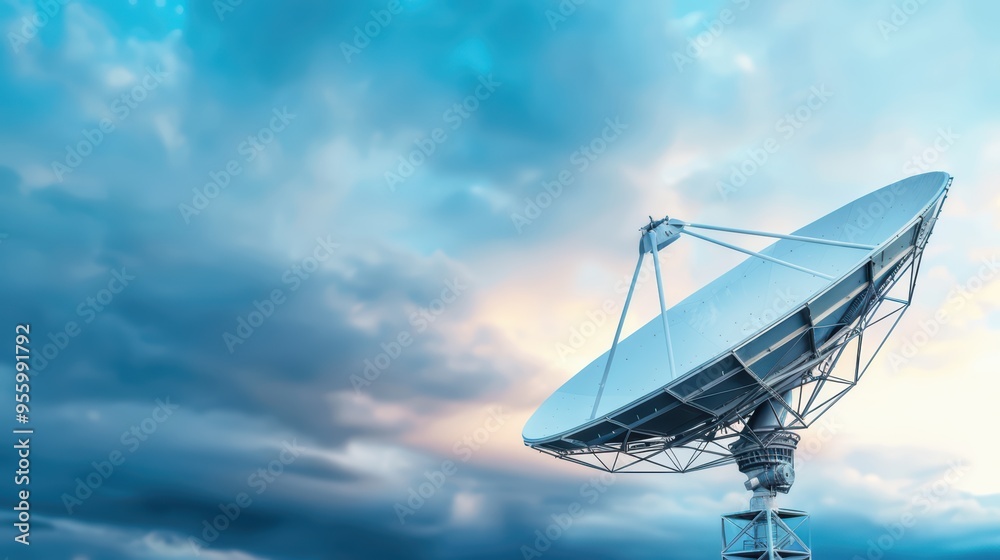 Large Satellite Dish Antenna Against Dramatic Cloudy Sky at Sunset, Symbolizing Communication and Technology Large Satellite Dish Antenna Against Dramatic Cloudy Sky at Sunset, Symbolizing Communication and Technology