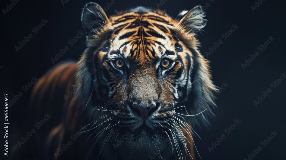 Majestic tiger gazes intensely in dramatic low-key lighting against a dark backdrop Majestic tiger gazes intensely in dramatic low-key lighting against a dark backdrop