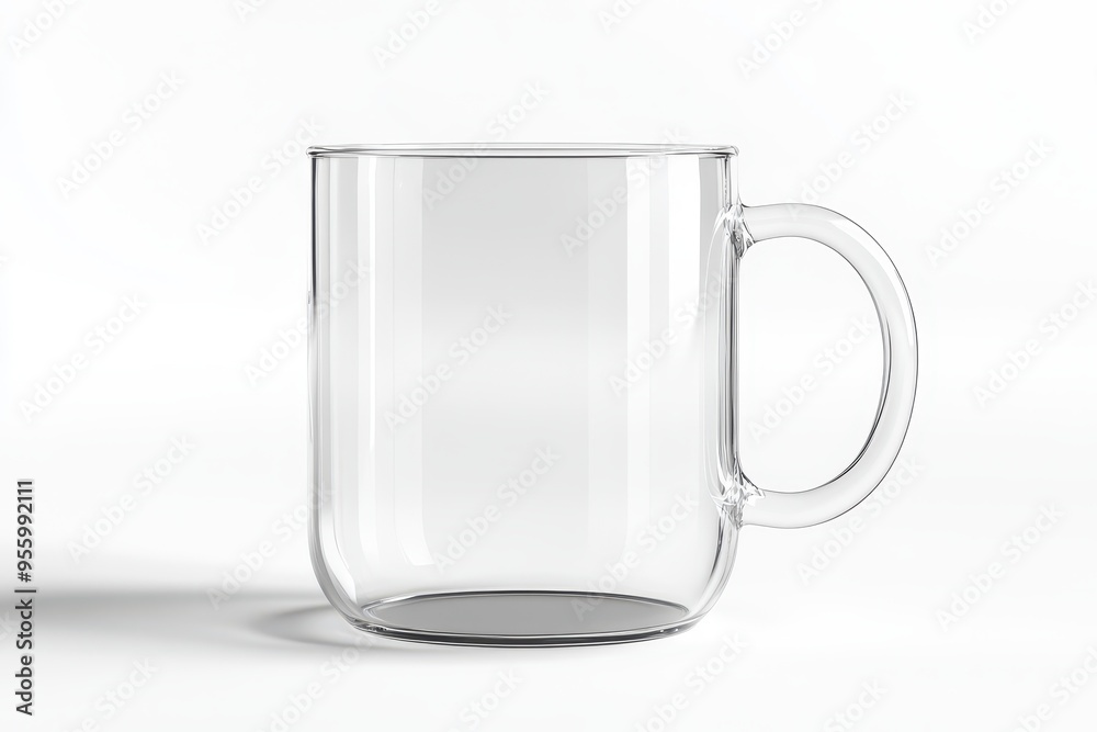 A clear glass mug with a handle, suitable for beverages. A clear glass mug with a handle, suitable for beverages.