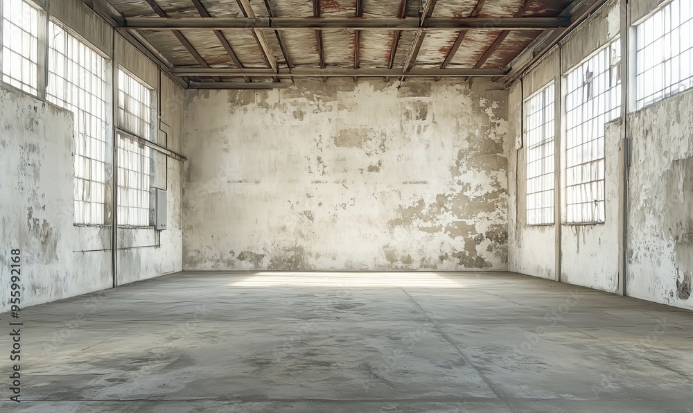 A large, empty room with a lot of windows. The room is very bare and empty, with no furniture or decorations. The walls are white and the floor is concrete. The room has a very industrial A large, empty room with a lot of windows. The room is very bare and empty, with no furniture or decorations. The walls are white and the floor is concrete. The room has a very industrial