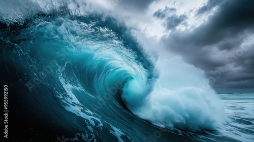 Fototapeta Naklejka Na Ścianę i Meble -  A large wave is crashing into the ocean, with dark clouds looming overhead. Scene is intense and dramatic, as the powerful force of the wave collides with the stormy sky