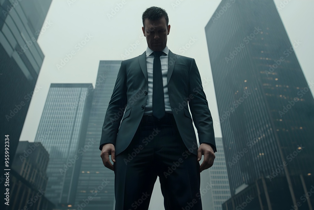 Businessman Standing Among Tall Skyscrapers Businessman Standing Among Tall Skyscrapers