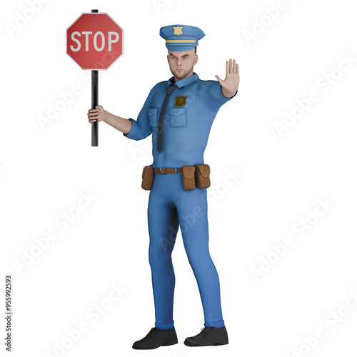 Male Cartoon Police Law Professional - a policeman raises his hand as if giving a stop sign 3D Animation
