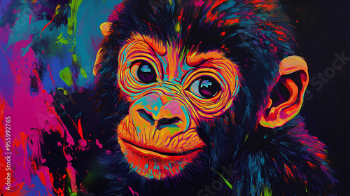 Dynamic scene of a colorful psychedelic neon colored baby gorilla