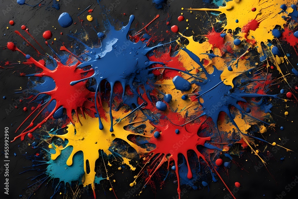 A chaotic mix of paint splatters in primary colors layered over a dark textured surface, AI generated