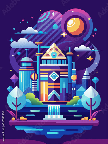 Futuristic Cityscape with Geometric Buildings and a Night Sky