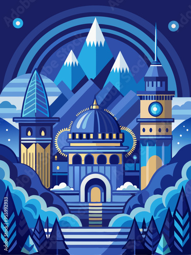 A Fantasy Cityscape with Towers and Mountains at Night
