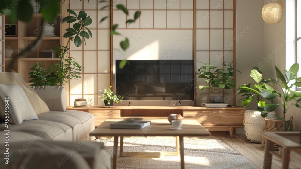 A tranquil Japandi-style living room with wooden accents, soft lighting, and a clutter-free arrangement for relaxation A tranquil Japandi-style living room with wooden accents, soft lighting, and a clutter-free arrangement for relaxation