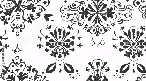 Elegant Black and White Floral Damask Pattern: A timeless and sophisticated seamless pattern featuring intricate floral motifs in black and white, perfect for adding a touch of elegance to any design.