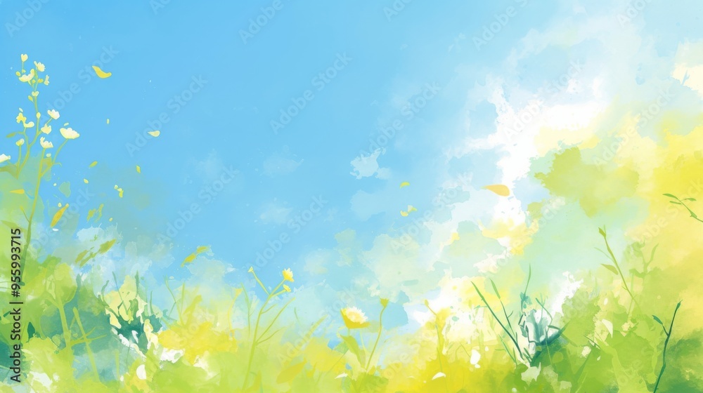Light Blue and Green Watercolor Background Featuring Sky, Grass Field, and Clouds in Pastel Colors Light Blue and Green Watercolor Background Featuring Sky, Grass Field, and Clouds in Pastel Colors