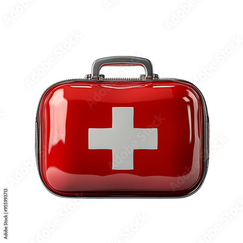 Red First Aid Kit with White Cross, Transparent Background