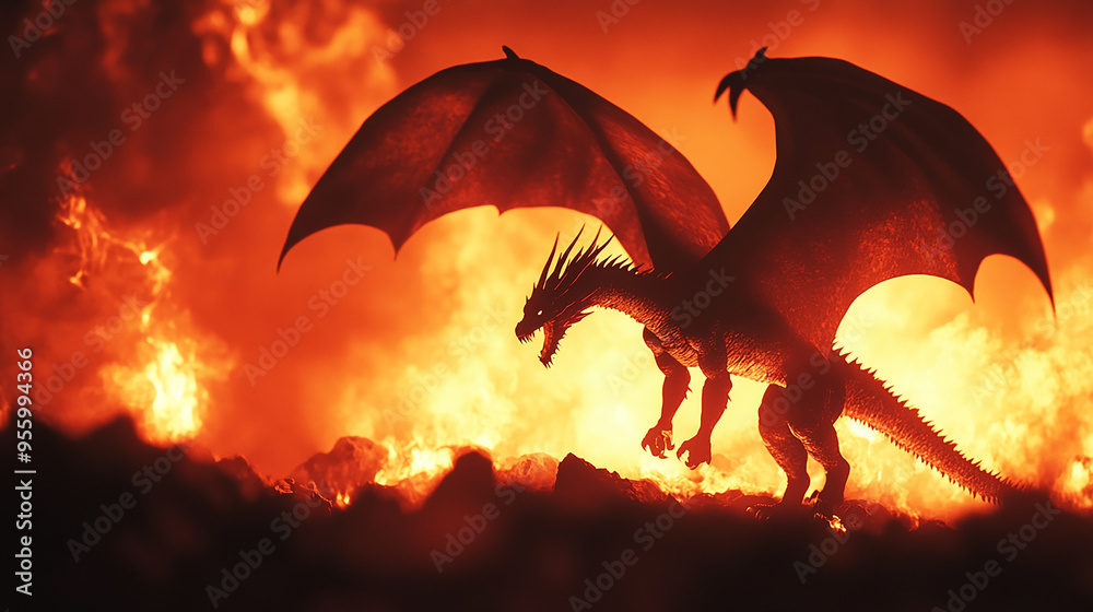 Fototapeta premium Silhouette of Fire-Breathing Dragon with Big Wings