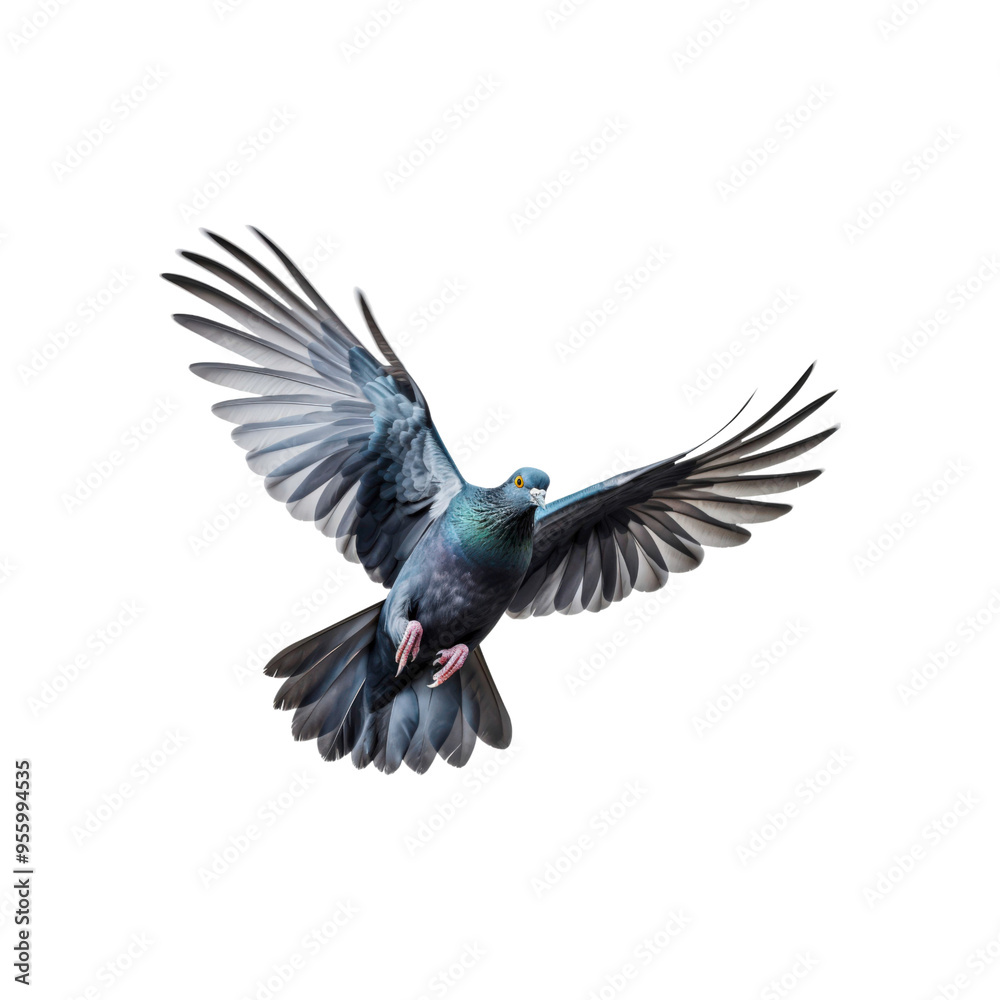 Naklejka premium Pigeon in flight with wings extended towards the viewer. Suitable for nature, wildlife, freedom, and bird-themed designs. Perfect for promotional materials