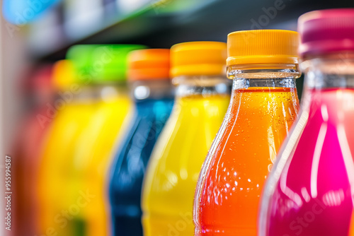 Close-up of colorful bottled beverages on a store shelf. photo