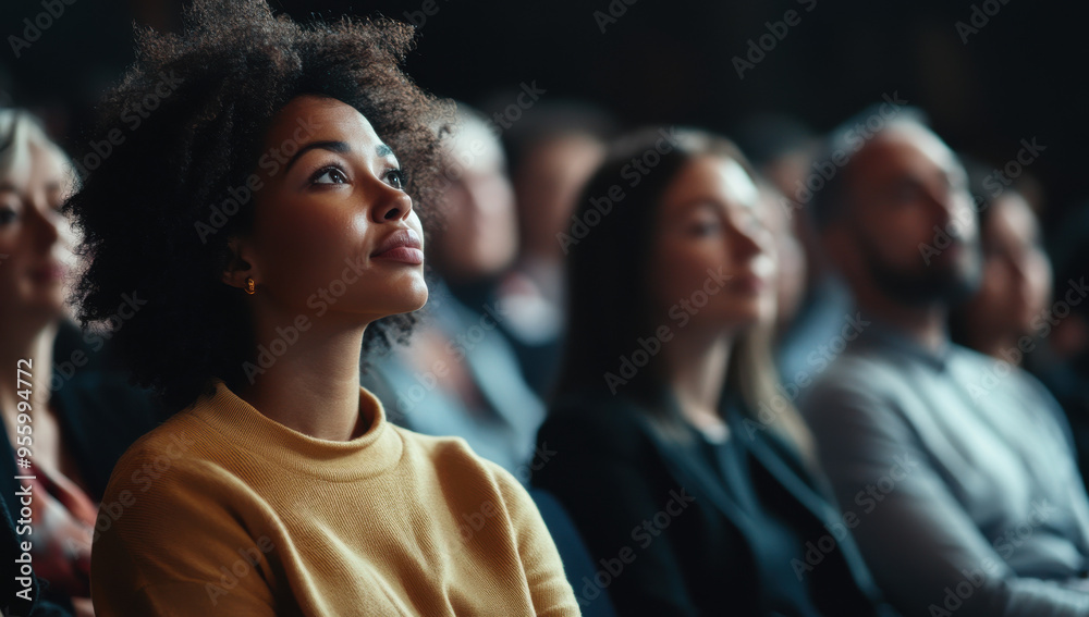 Obraz premium Audience engaged in a conference, reflecting thoughtfully on the speaker's insights and ideas during a business event