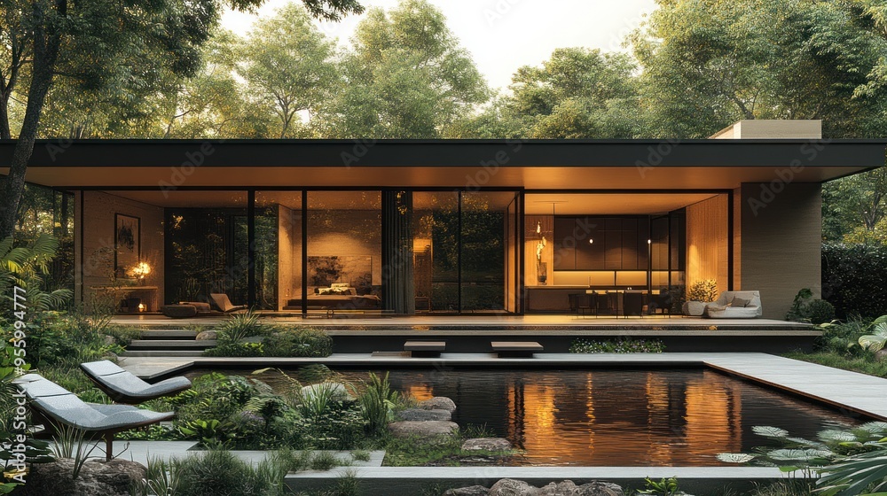 Modern house surrounded by nature with a serene pool and landscaping. Modern house surrounded by nature with a serene pool and landscaping.