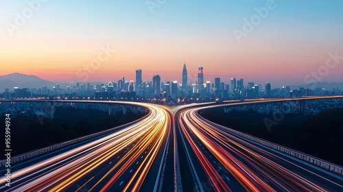 Dynamic light trails streak across a modern highway leading to a vibrant cityscape at dusk