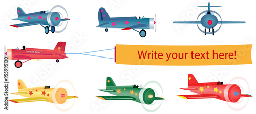 Set of small multicolored  propeller airplanes from different angles in realistic style. Vector illustration isolșated on white.