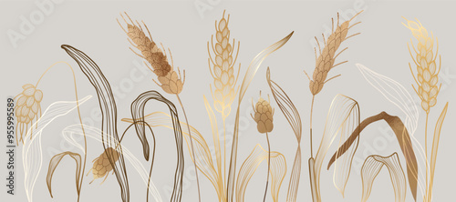 Luxury golden peony flower line art on white background vector. Natural botanical elegant flower with gold foil texture. Design illustration for decoration, wall decor, wallpaper, cover, banner.