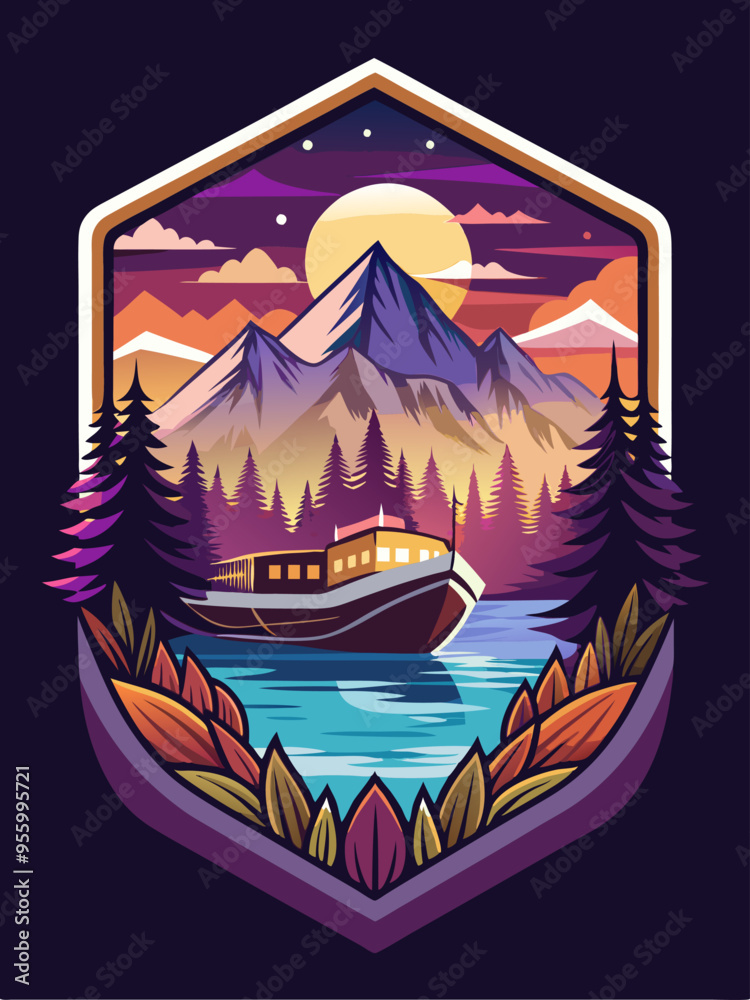 Boat on a Lake with Mountains and a Full Moon in a Colorful Night Sky Boat on a Lake with Mountains and a Full Moon in a Colorful Night Sky
