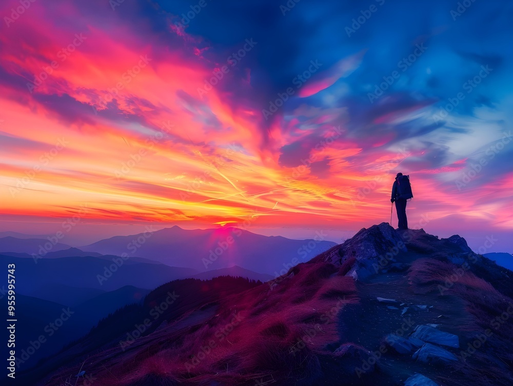 Fototapeta premium silhouette of a person on the top of mountain