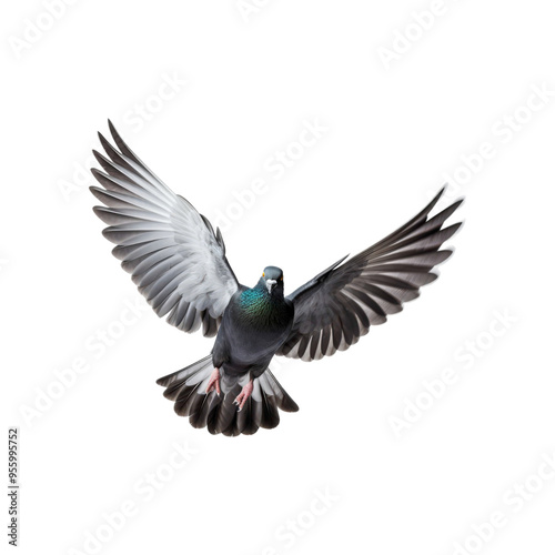 Pigeon in flight with wings extended towards the viewer. Suitable for nature, wildlife, freedom, and bird-themed designs. Perfect for promotional materials