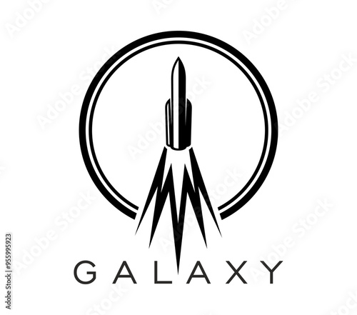 Spaceship, space rocket icon. Isolated vector black launching shuttle with fire trail enclosed within a circle. Advanced technology, cosmic exploration mission or interstellar galaxy travel emblem