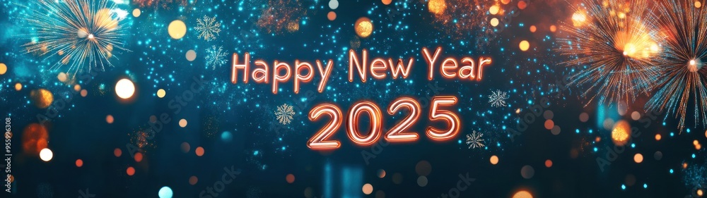A festive Happy New Year 2025 banner with fireworks and bokeh lights in the background, creating a celebratory and colorful atmosphere for the holiday. A festive Happy New Year 2025 banner with fireworks and bokeh lights in the background, creating a celebratory and colorful atmosphere for the holiday.