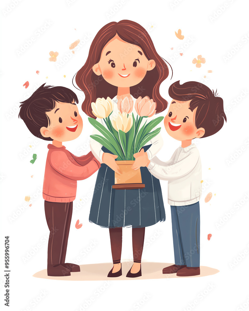 A woman holding a bouquet of flowers with two children standing beside her, smiling and happy. Ideal for family, celebration, and love themes. A woman holding a bouquet of flowers with two children standing beside her, smiling and happy. Ideal for family, celebration, and love themes.