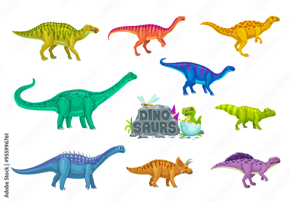 Obraz premium Cartoon dinosaur characters of jurassic dino animals. Funny baby dinosaur vector personage hatching from egg and cute psittacosaurus, ampelosaurus, shantungosaurus and antarctosaurus dino characters