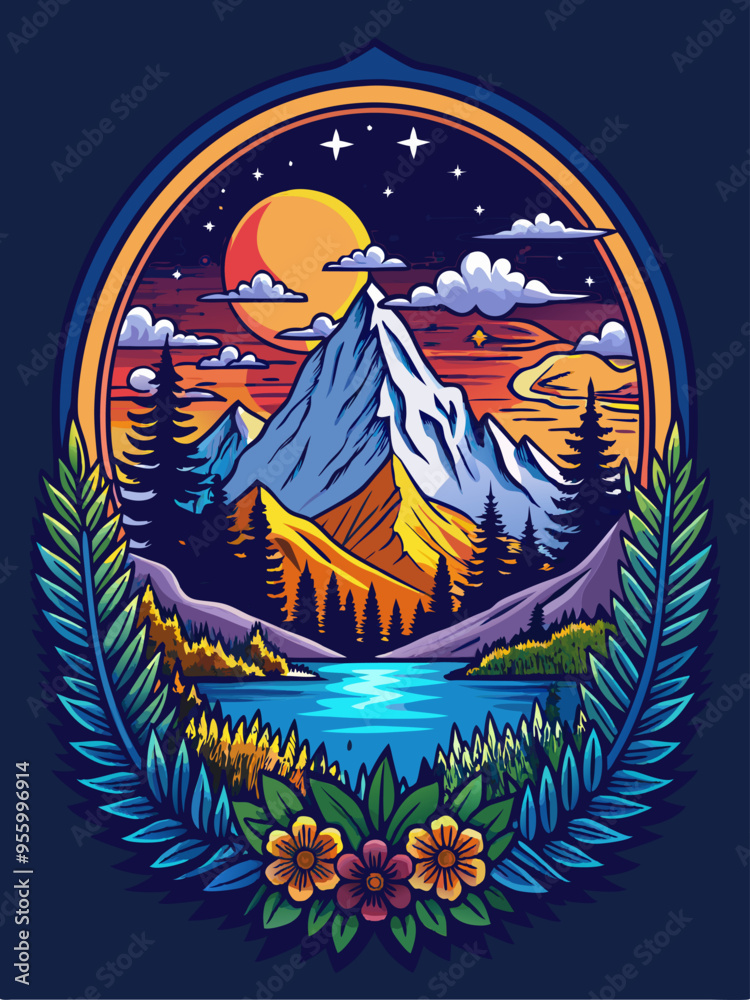 A Scenic Mountain Landscape with a Lake and Flowers A Scenic Mountain Landscape with a Lake and Flowers