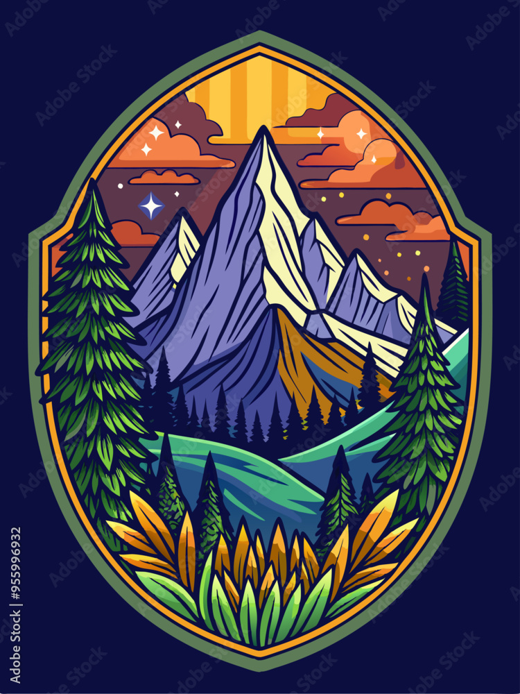 Mountain Landscape with Sunset, Stars, and Pine Trees Mountain Landscape with Sunset, Stars, and Pine Trees
