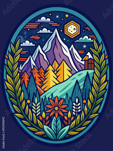 Mountain Landscape with Stars and Flowers at Night