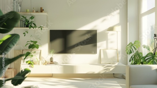 Bright and airy minimalist living room featuring sleek design, indoor plants, and natural light in Scandinavian style