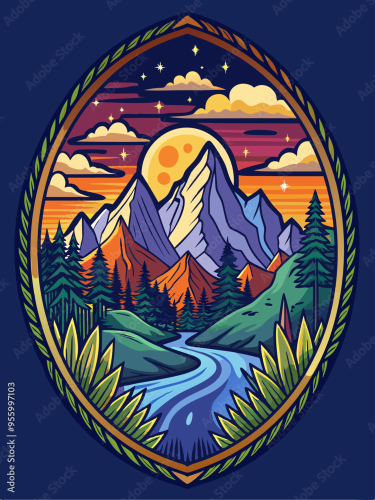 Nighttime Mountain Landscape with River, Full Moon and Stars Nighttime Mountain Landscape with River, Full Moon and Stars
