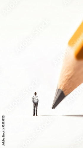 Conceptual image of a small man standing next to a giant pencil on a white background, symbolizing creativity, ideas, and thinking big. photo