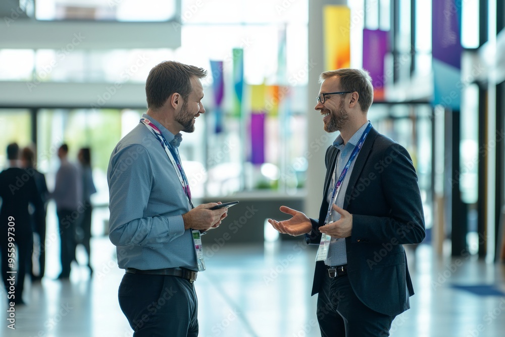 An executive and a long-term client sharing a friendly conversation at a company event An executive and a long-term client sharing a friendly conversation at a company event