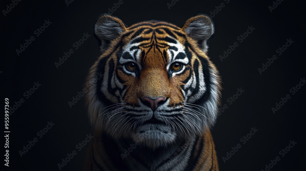Fototapeta premium A fierce and majestic tiger gazes directly into the camera, showcasing its powerful presence in a dark studio setting