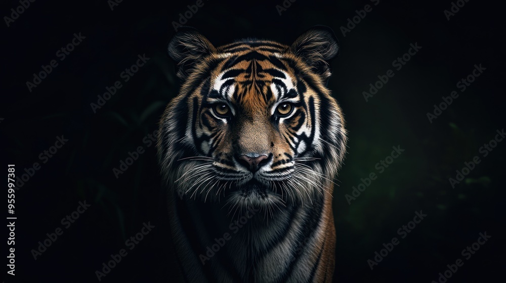 Fototapeta premium A fierce and majestic tiger gazes directly into the camera, showcasing its powerful presence in a dark studio setting